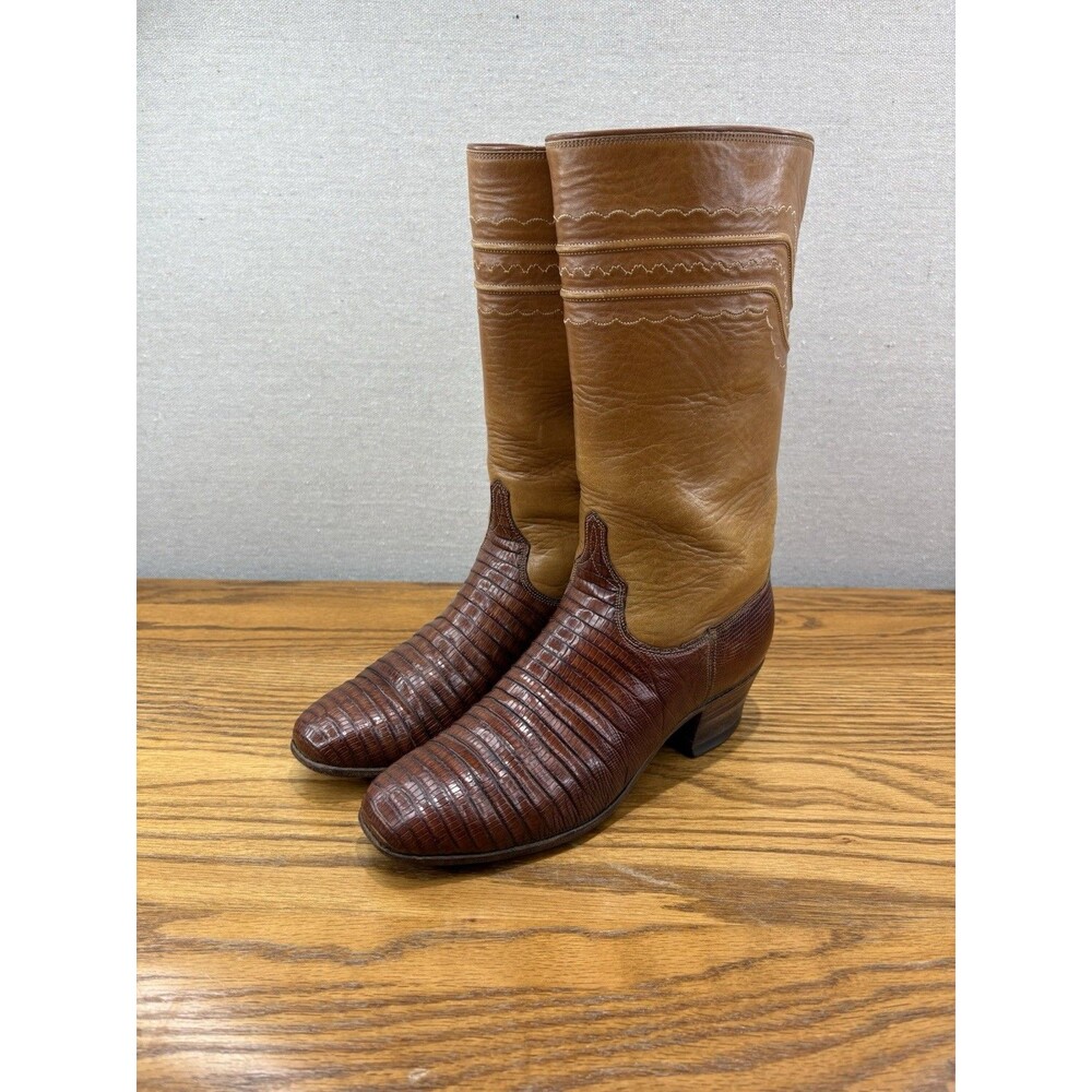 Lucchese San Antonio Teju Lizard Cowboy Boots Womens 7 B Brown Vintage 77857 USA